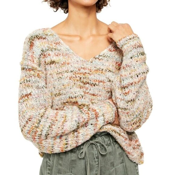 Free People Sweaters - Free People Size XS Multicolor Highland Cable Knit Oversized V Neck Sweater